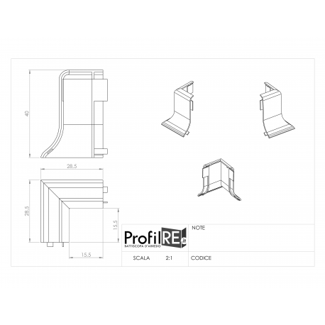 spigolo interno per battiscopa alluminio 4 centimetri